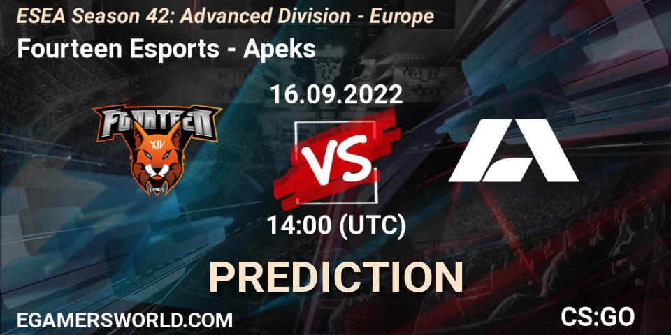Pronósticos Fourteen Esports - Apeks. 16.09.22. ESEA Season 42: Advanced Division - Europe - CS2 (CS:GO)