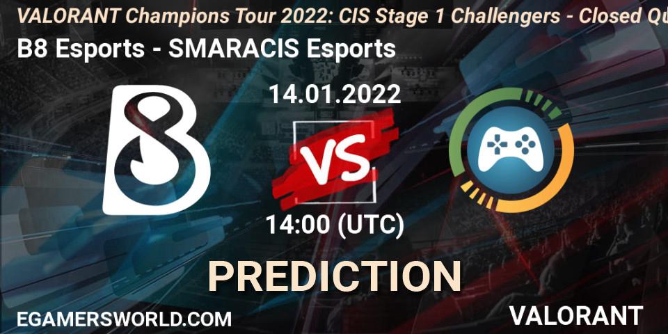 Pronósticos B8 Esports - SMARACIS Esports. 14.01.2022 at 14:00. VCT 2022: CIS Stage 1 Challengers - Closed Qualifier 1 - VALORANT