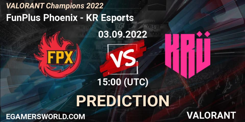 Pronósticos FunPlus Phoenix - KRÜ Esports. 03.09.2022 at 15:00. VALORANT Champions 2022 - VALORANT