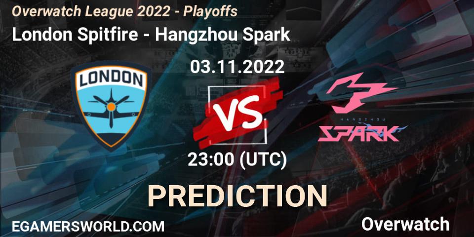 Pronósticos London Spitfire - Hangzhou Spark. 03.11.2022 at 23:00. Overwatch League 2022 - Playoffs - Overwatch