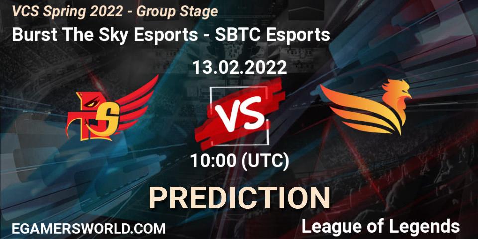 Pronósticos Burst The Sky Esports - SBTC Esports. 13.02.2022 at 10:00. VCS Spring 2022 - Group Stage - LoL