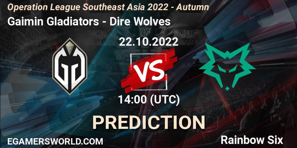 Pronósticos Gaimin Gladiators - Dire Wolves. 23.10.2022 at 14:00. Operation League Southeast Asia 2022 - Autumn - Rainbow Six