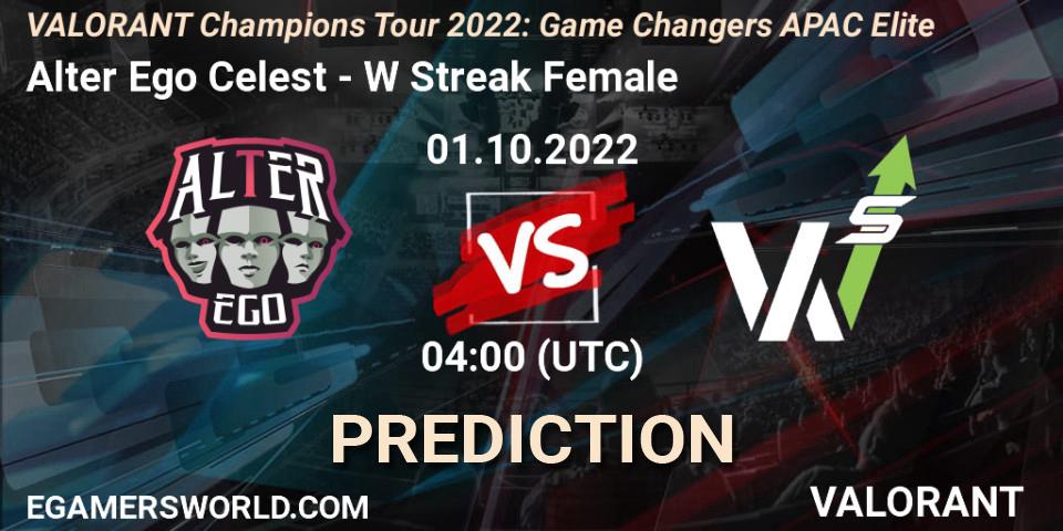 Pronósticos Alter Ego Celestè - W Streak Female. 01.10.2022 at 04:00. VCT 2022: Game Changers APAC Elite - VALORANT