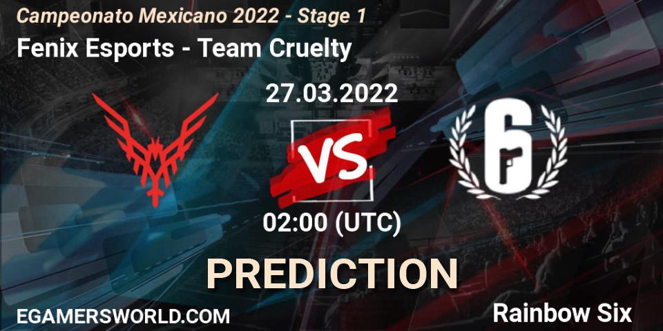 Pronósticos Fenix Esports - Team Cruelty. 27.03.2022 at 03:30. Campeonato Mexicano 2022 - Stage 1 - Rainbow Six
