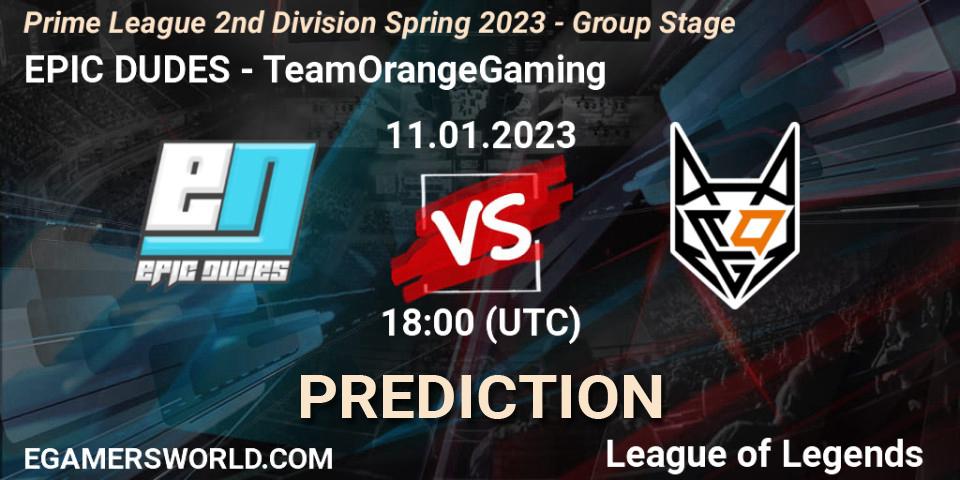 Pronósticos EPIC DUDES - TeamOrangeGaming. 11.01.2023 at 18:00. Prime League 2nd Division Spring 2023 - Group Stage - LoL