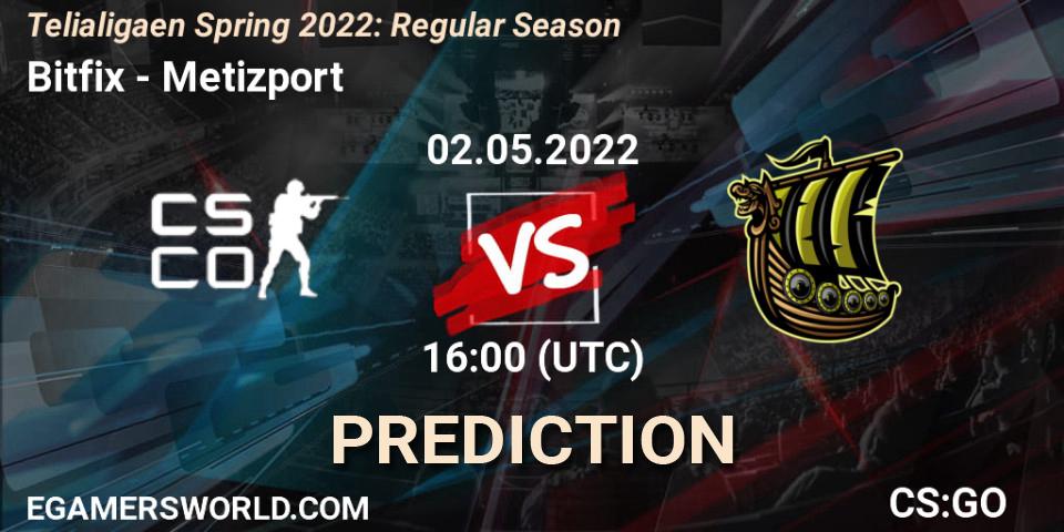 Pronósticos Bitfix - Metizport. 02.05.2022 at 16:00. Telialigaen Spring 2022: Regular Season - Counter-Strike (CS2)