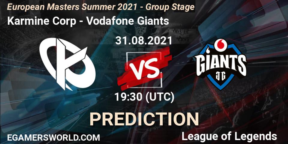 Pronósticos Karmine Corp - Vodafone Giants. 31.08.2021 at 19:15. European Masters Summer 2021 - Group Stage - LoL