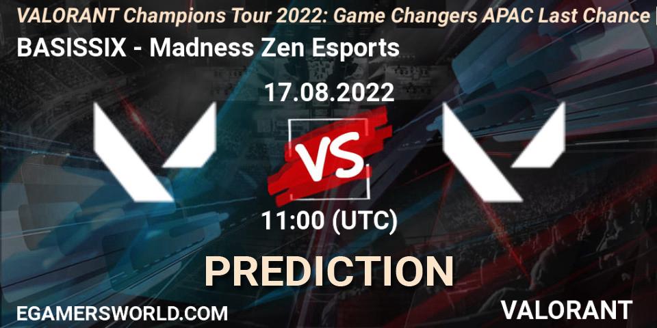 Pronósticos BASISSIX - Madness Zen Esports. 17.08.2022 at 11:00. VCT 2022: Game Changers APAC Last Chance Qualifier - VALORANT