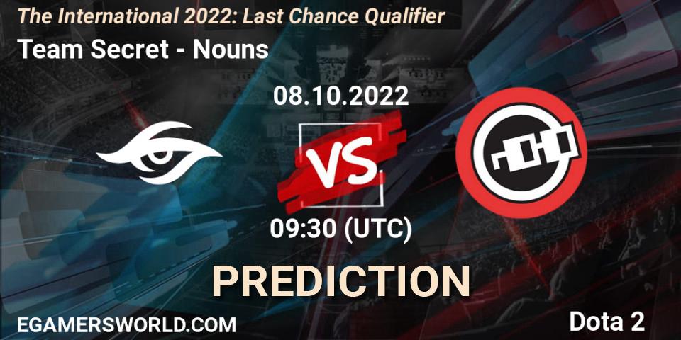 Pronósticos Team Secret - Nouns. 08.10.2022 at 09:42. The International 2022: Last Chance Qualifier - Dota 2