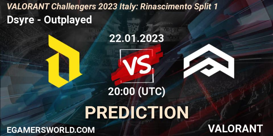 Pronósticos Dsyre - Outplayed. 22.01.2023 at 20:45. VALORANT Challengers 2023 Italy: Rinascimento Split 1 - VALORANT