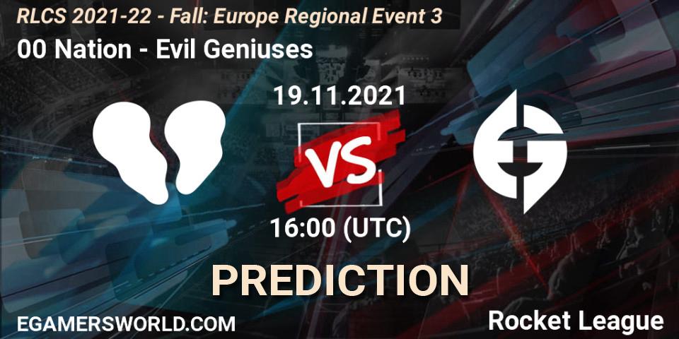 Pronósticos 00 Nation - Evil Geniuses. 19.11.2021 at 16:00. RLCS 2021-22 - Fall: Europe Regional Event 3 - Rocket League