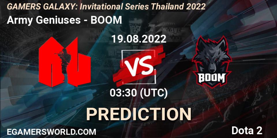Pronósticos Army Geniuses - BOOM. 19.08.2022 at 04:20. GAMERS GALAXY: Invitational Series Thailand 2022 - Dota 2
