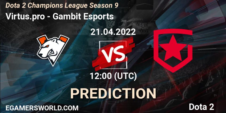 Pronósticos Virtus.pro - Gambit Esports. 21.04.2022 at 18:10. Dota 2 Champions League Season 9 - Dota 2