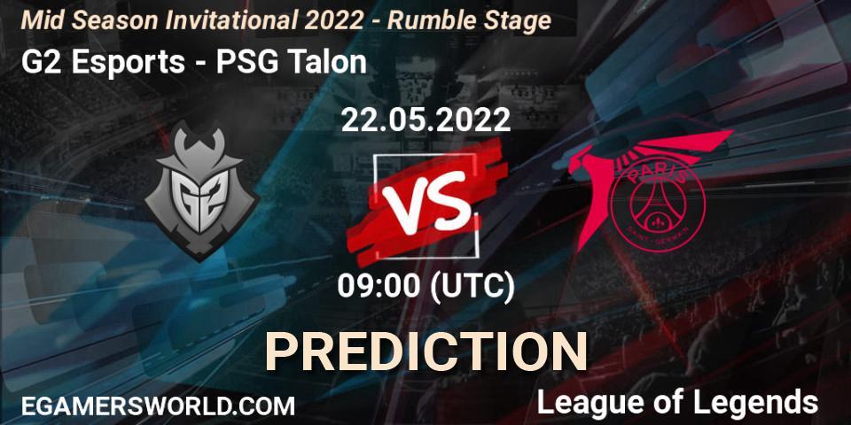 Pronósticos G2 Esports - PSG Talon. 22.05.2022 at 09:00. Mid Season Invitational 2022 - Rumble Stage - LoL