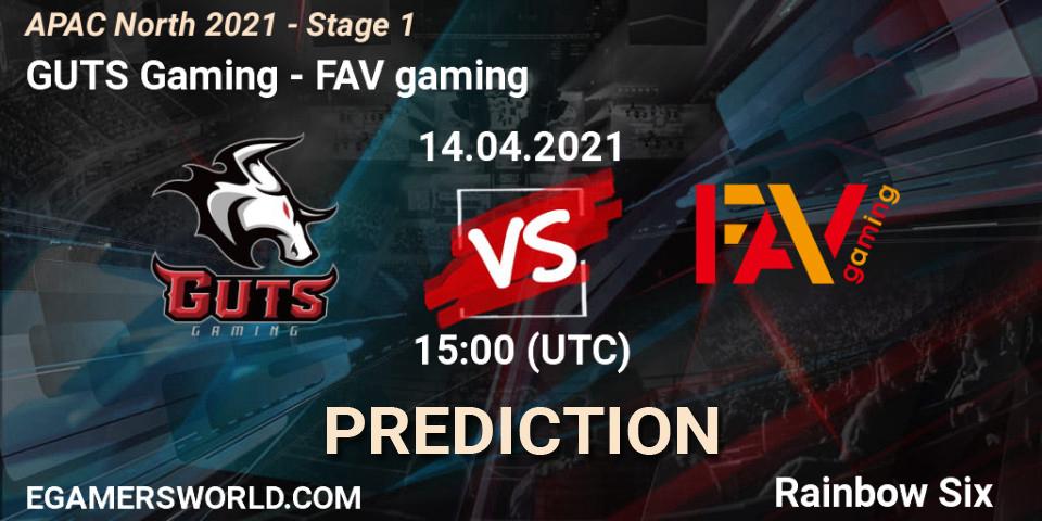 Pronósticos GUTS Gaming - FAV gaming. 14.04.2021 at 15:00. APAC North 2021 - Stage 1 - Rainbow Six