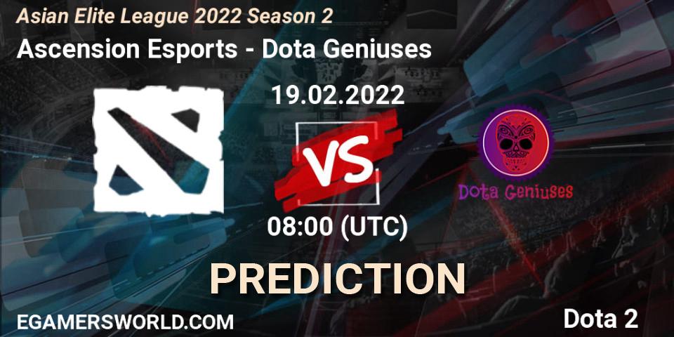 Pronósticos Ascension Esports - Dota Geniuses. 19.02.2022 at 08:00. Asian Elite League 2022 Season 2 - Dota 2