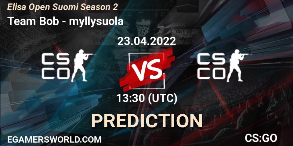 Pronósticos Team Bob - myllysuola. 23.04.2022 at 13:30. Elisa Open Suomi Season 2 - Counter-Strike (CS2)