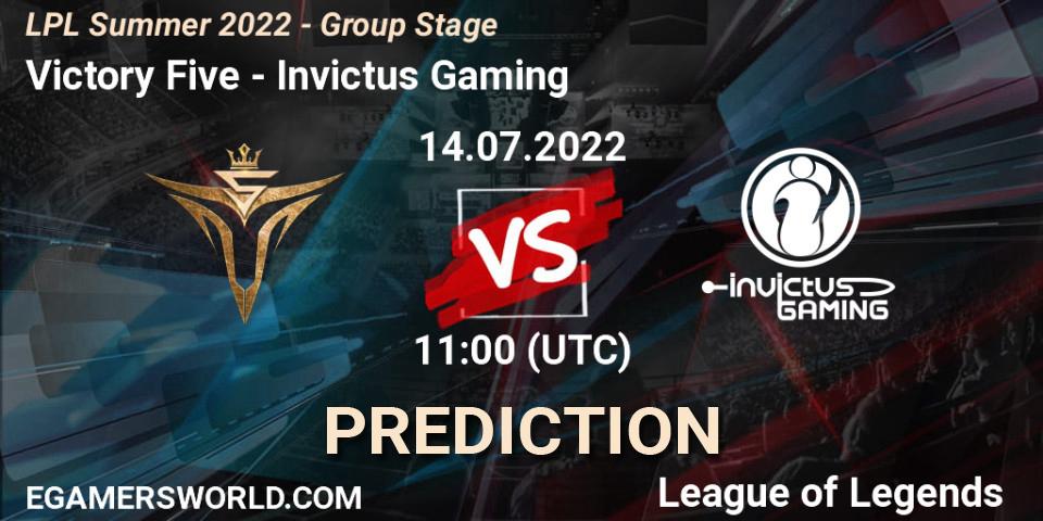 Pronósticos Victory Five - Invictus Gaming. 14.07.2022 at 12:00. LPL Summer 2022 - Group Stage - LoL