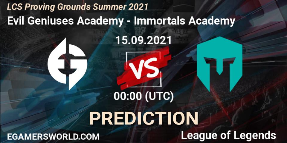 Pronósticos Evil Geniuses Academy - Immortals Academy. 15.09.2021 at 00:30. LCS Proving Grounds Summer 2021 - LoL