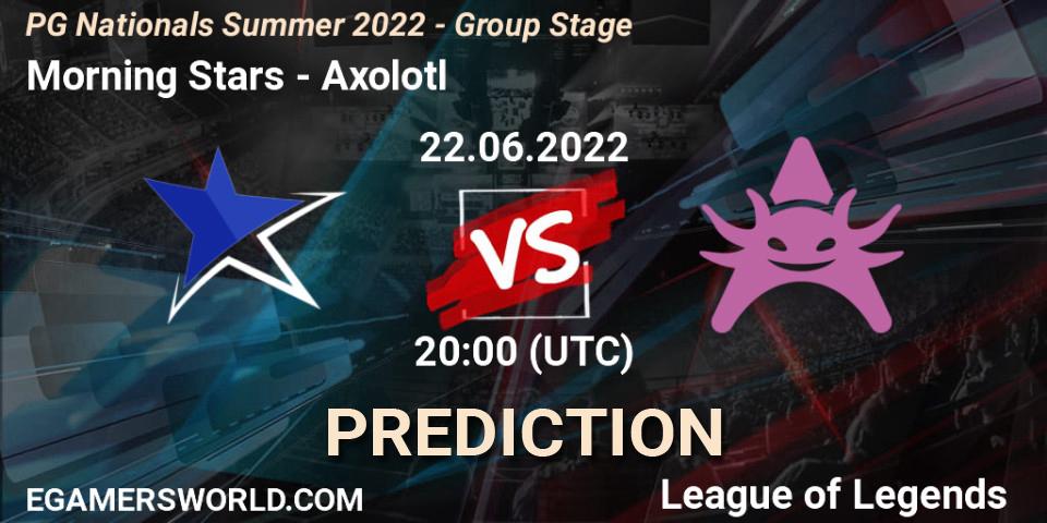 Pronósticos Morning Stars - Axolotl. 22.06.2022 at 20:15. PG Nationals Summer 2022 - Group Stage - LoL