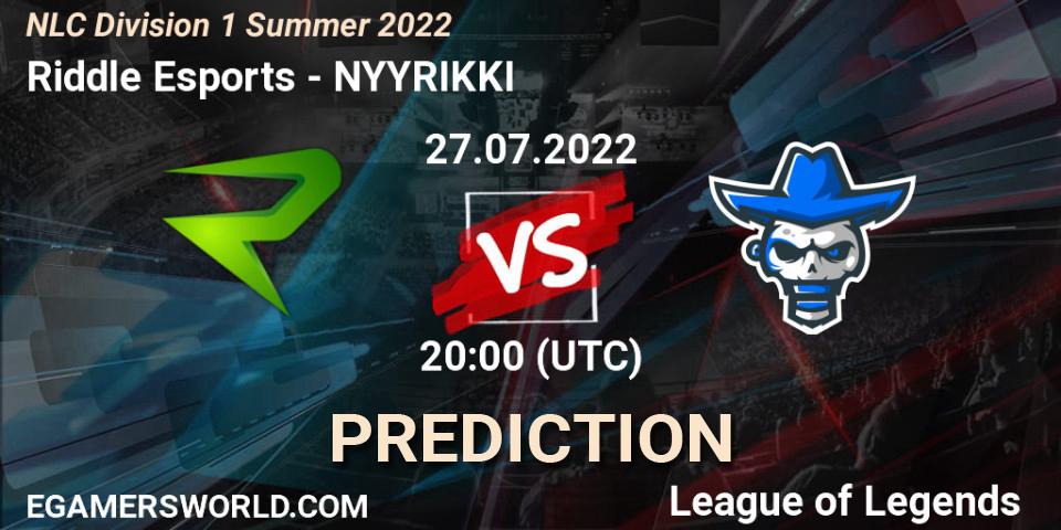 Pronósticos Riddle Esports - NYYRIKKI. 27.07.2022 at 18:00. NLC Division 1 Summer 2022 - LoL