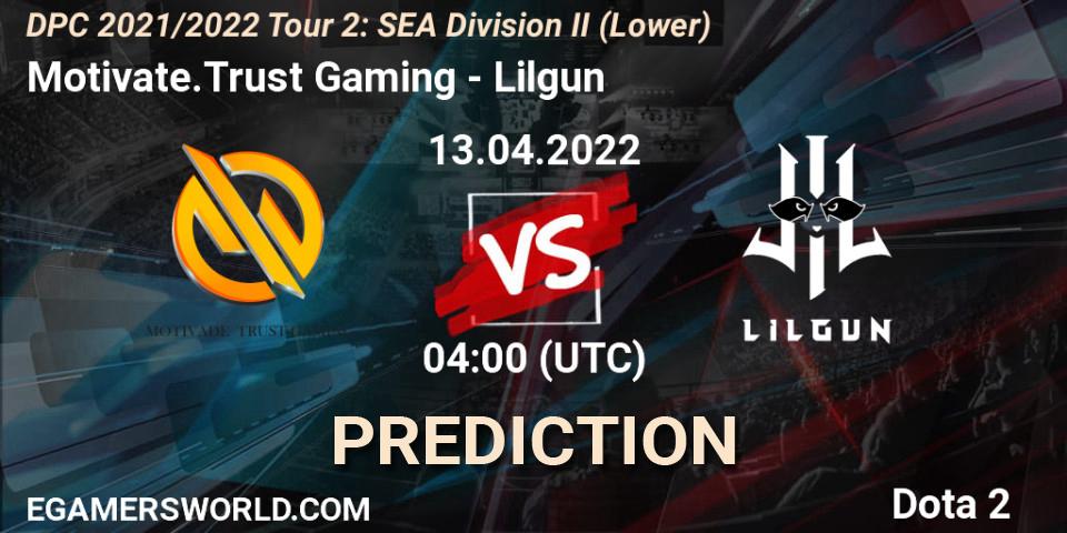 Pronósticos Motivate.Trust Gaming - Lilgun. 13.04.2022 at 04:01. DPC 2021/2022 Tour 2: SEA Division II (Lower) - Dota 2