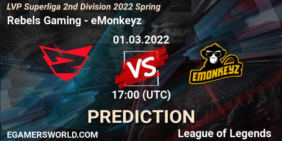 Pronósticos Rebels Gaming - eMonkeyz. 01.03.22. LVP Superliga 2nd Division 2022 Spring - LoL