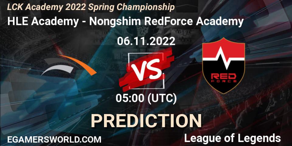 Pronósticos HLE Academy - Nongshim RedForce Academy. 06.11.2022 at 05:00. LCK Academy 2022 Spring Championship - LoL