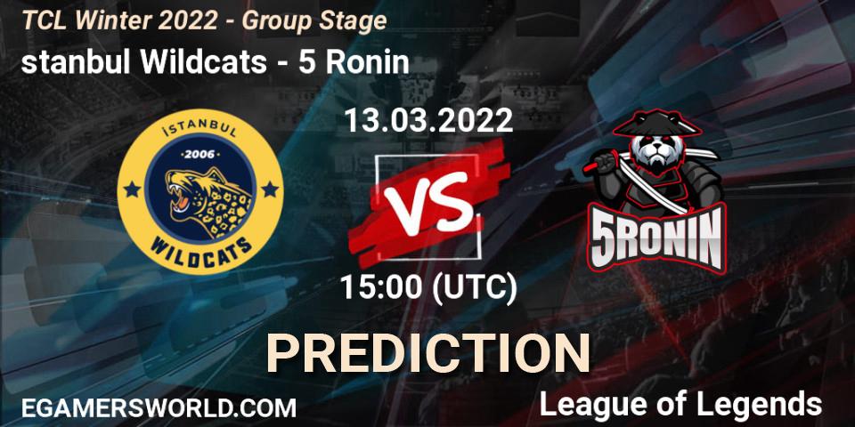 Pronósticos İstanbul Wildcats - 5 Ronin. 13.03.2022 at 15:00. TCL Winter 2022 - Group Stage - LoL