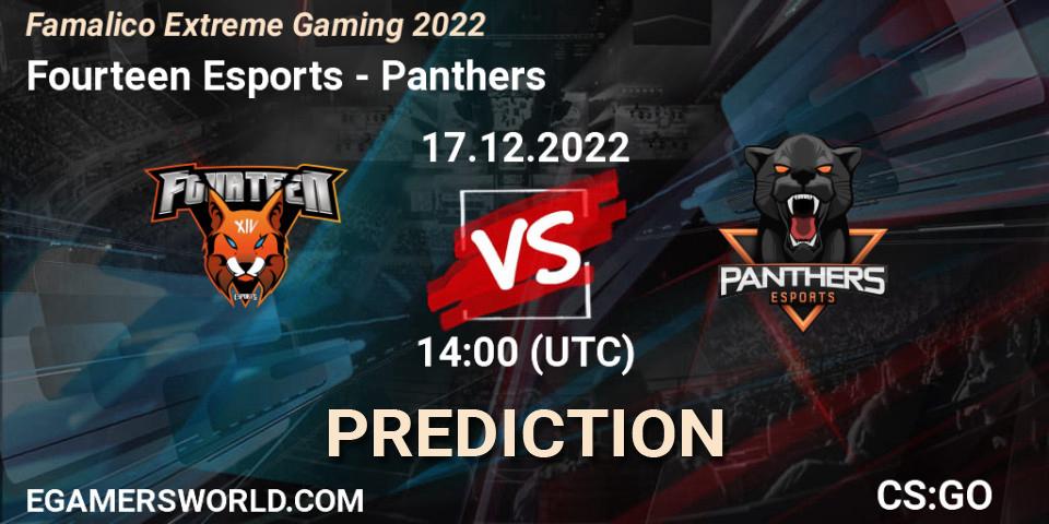 Pronósticos Fourteen Esports - Panthers. 17.12.2022 at 14:00. Famalicão Extreme Gaming 2022 - Counter-Strike (CS2)