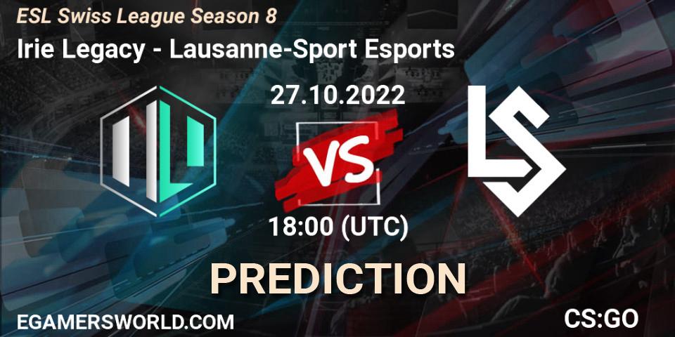 Pronósticos Irie Legacy - Lausanne-Sport Esports. 27.10.2022 at 18:00. ESL Swiss League Season 8 - Counter-Strike (CS2)