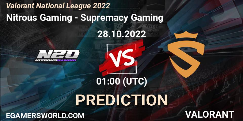 Pronósticos Nitrous Gaming - Supremacy Gaming. 28.10.2022 at 01:00. Valorant National League 2022 - VALORANT