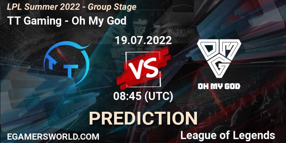 Pronósticos TT Gaming - Oh My God. 19.07.2022 at 09:00. LPL Summer 2022 - Group Stage - LoL