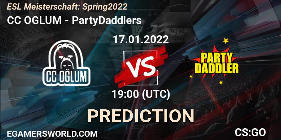 Pronósticos CC OGLUM - PartyDaddlers. 17.01.2022 at 19:00. ESL Meisterschaft: Spring 2022 - Counter-Strike (CS2)