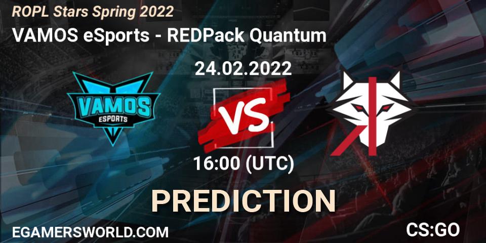 Pronósticos VAMOS eSports - REDPack Quantum. 24.02.2022 at 19:00. ROPL Stars Spring 2022 - Counter-Strike (CS2)
