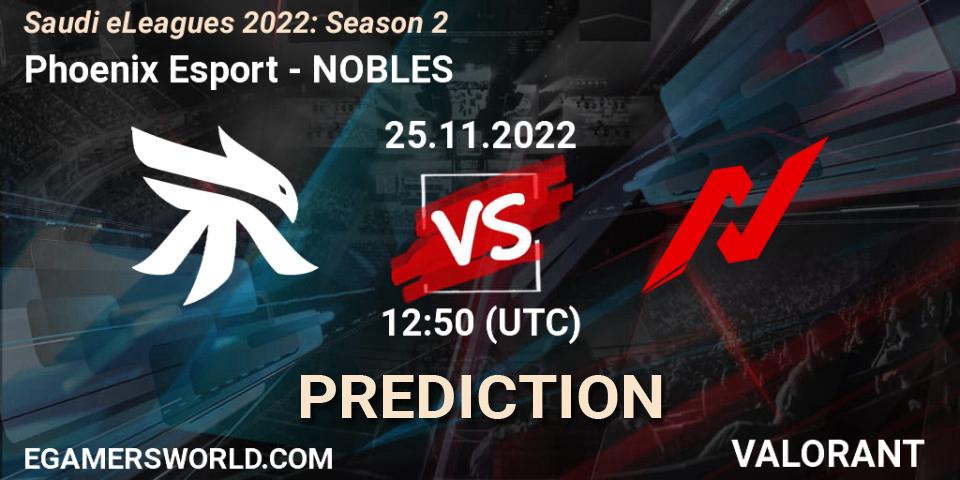 Pronósticos Phoenix Esport - NOBLES. 25.11.2022 at 12:50. Saudi eLeagues 2022: Season 2 - VALORANT