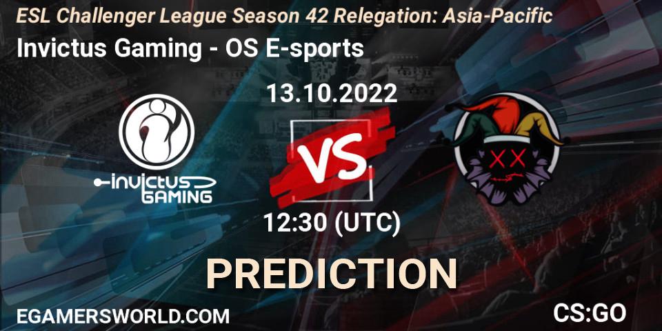 Pronósticos Invictus Gaming - OS E-sports. 13.10.2022 at 12:30. ESL Challenger League Season 42 Relegation: Asia-Pacific - Counter-Strike (CS2)