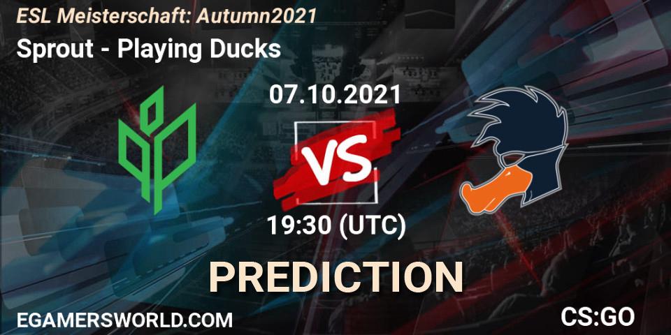 Pronósticos Sprout - Playing Ducks. 07.10.2021 at 19:30. ESL Meisterschaft: Autumn 2021 - Counter-Strike (CS2)