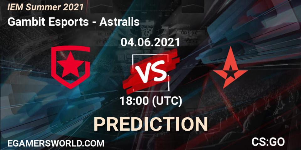 Pronósticos Gambit Esports - Astralis. 04.06.2021 at 19:10. IEM Summer 2021 - Counter-Strike (CS2)