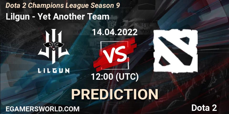 Pronósticos Lilgun - Yet Another Team. 14.04.2022 at 12:00. Dota 2 Champions League Season 9 - Dota 2