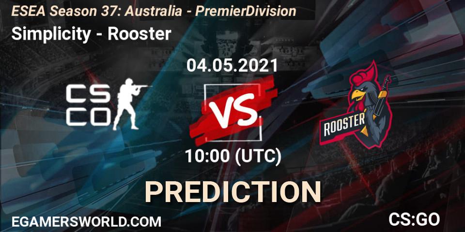 Pronósticos Simplicity - Rooster. 04.05.2021 at 10:00. ESEA Season 37: Australia - Premier Division - Counter-Strike (CS2)