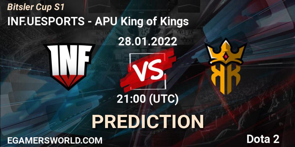 Pronósticos INF.UESPORTS - APU King of Kings. 28.01.2022 at 21:09. Bitsler Cup S1 - Dota 2