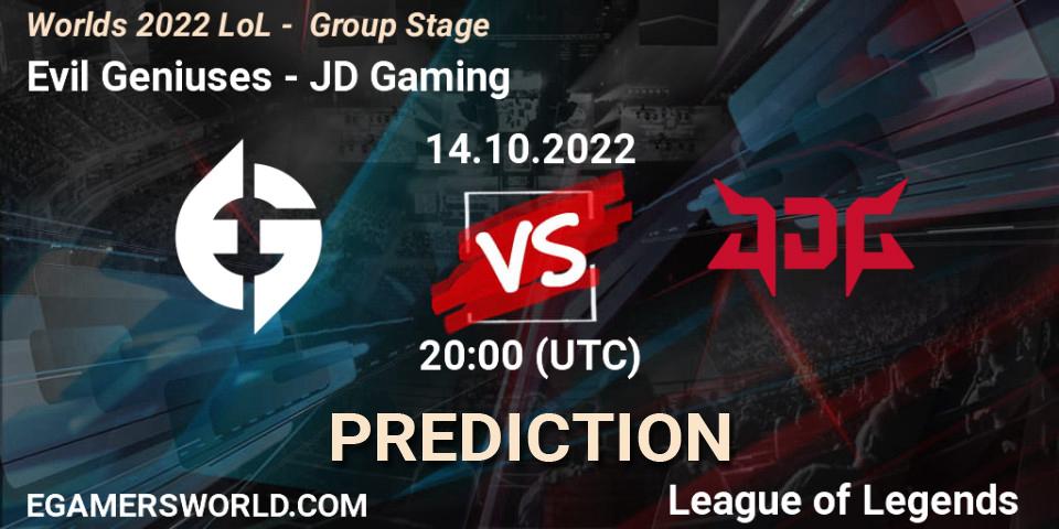 Pronósticos Evil Geniuses - JD Gaming. 14.10.2022 at 20:00. Worlds 2022 LoL - Group Stage - LoL