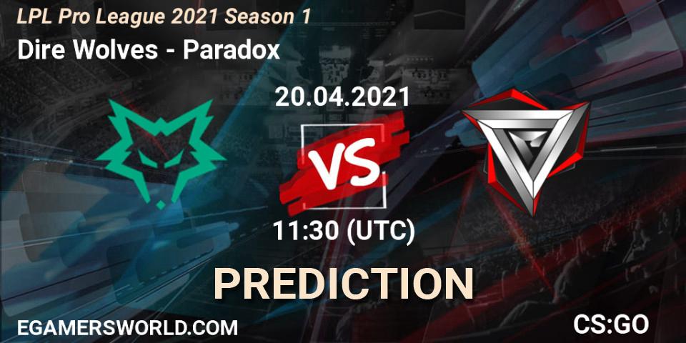 Pronósticos Dire Wolves - Paradox. 20.04.2021 at 11:00. LPL Pro League 2021 Season 1 - Counter-Strike (CS2)