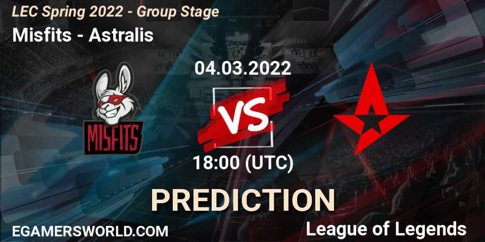 Pronósticos Misfits - Astralis. 04.03.2022 at 18:00. LEC Spring 2022 - Group Stage - LoL