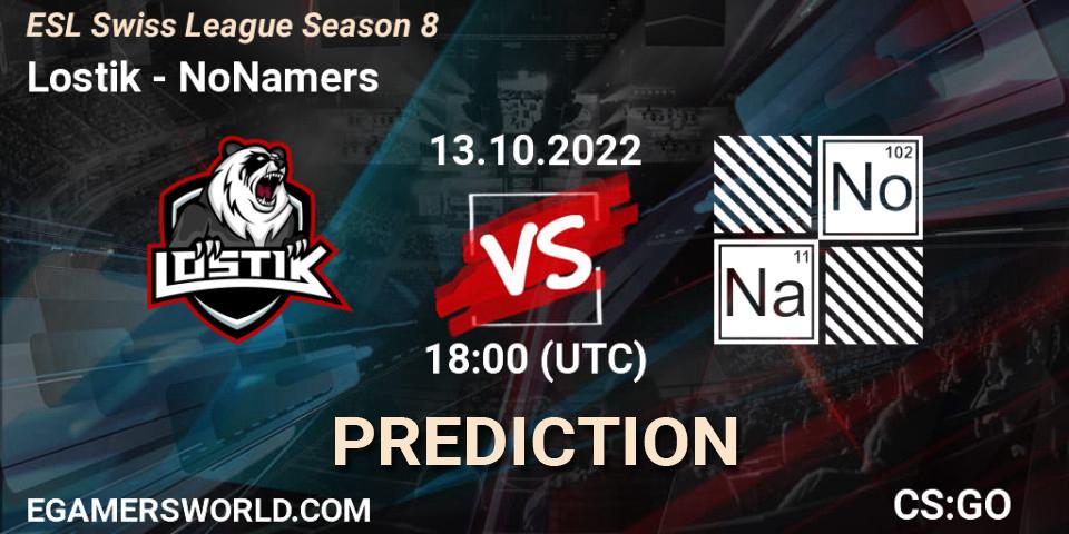 Pronósticos Lostik - NoNamers. 13.10.2022 at 18:00. ESL Swiss League Season 8 - Counter-Strike (CS2)