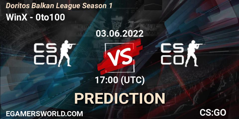 Pronósticos WinX - 0to100. 03.06.2022 at 17:00. Doritos Balkan League Season 1 - Counter-Strike (CS2)