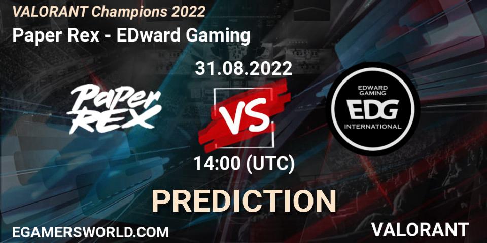 Pronósticos Paper Rex - EDward Gaming. 31.08.2022 at 14:20. VALORANT Champions 2022 - VALORANT