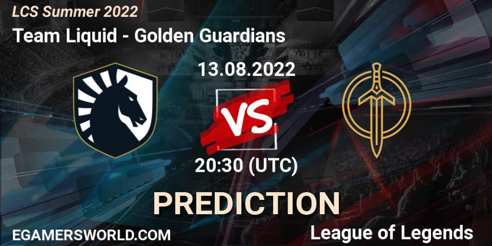 Pronósticos Team Liquid - Golden Guardians. 13.08.22. LCS Summer 2022 - LoL