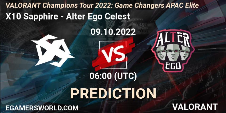 Pronósticos X10 Sapphire - Alter Ego Celestè. 09.10.2022 at 06:00. VCT 2022: Game Changers APAC Elite - VALORANT